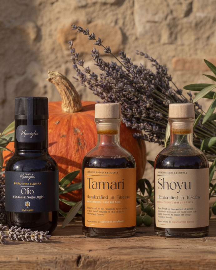Three bottles of Maraviglia olive oil products—Olio, Tamari, and Shoyu—arranged on a rustic wooden table with a stone wall background, surrounded by lavender, olive branches, and a small pumpkin.