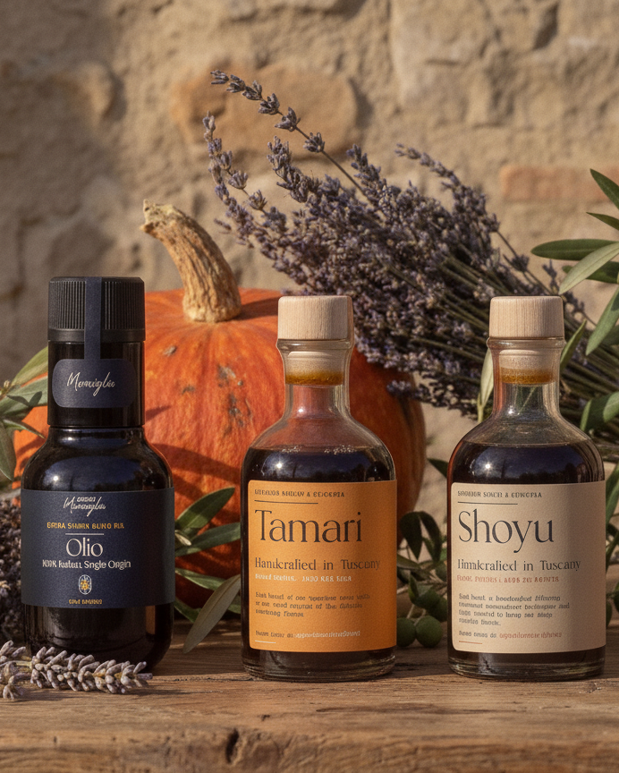 Three bottles of Maraviglia olive oil products—Olio, Tamari, and Shoyu—arranged on a rustic wooden table with a stone wall background, surrounded by lavender, olive branches, and a small pumpkin.